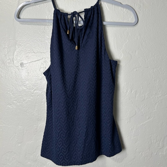 J. McLaughlin Navy & Gold Halter Stretchy Top - Picture 2 of 4